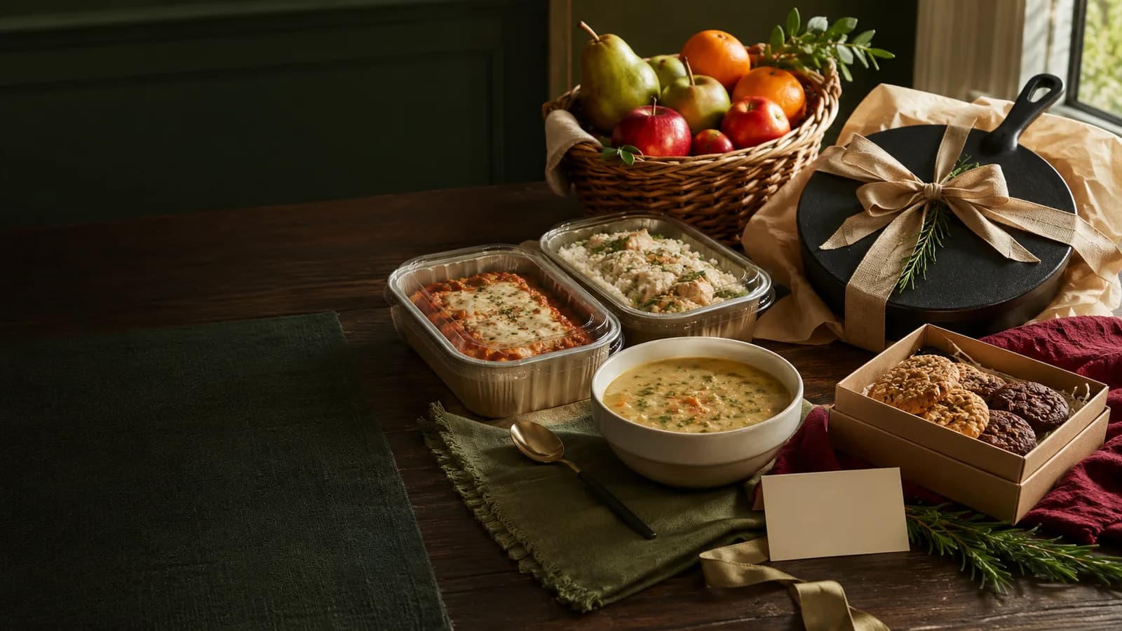 Unbranded food gift spread with desserts, fruit, cookies, and wrapped food gifts
