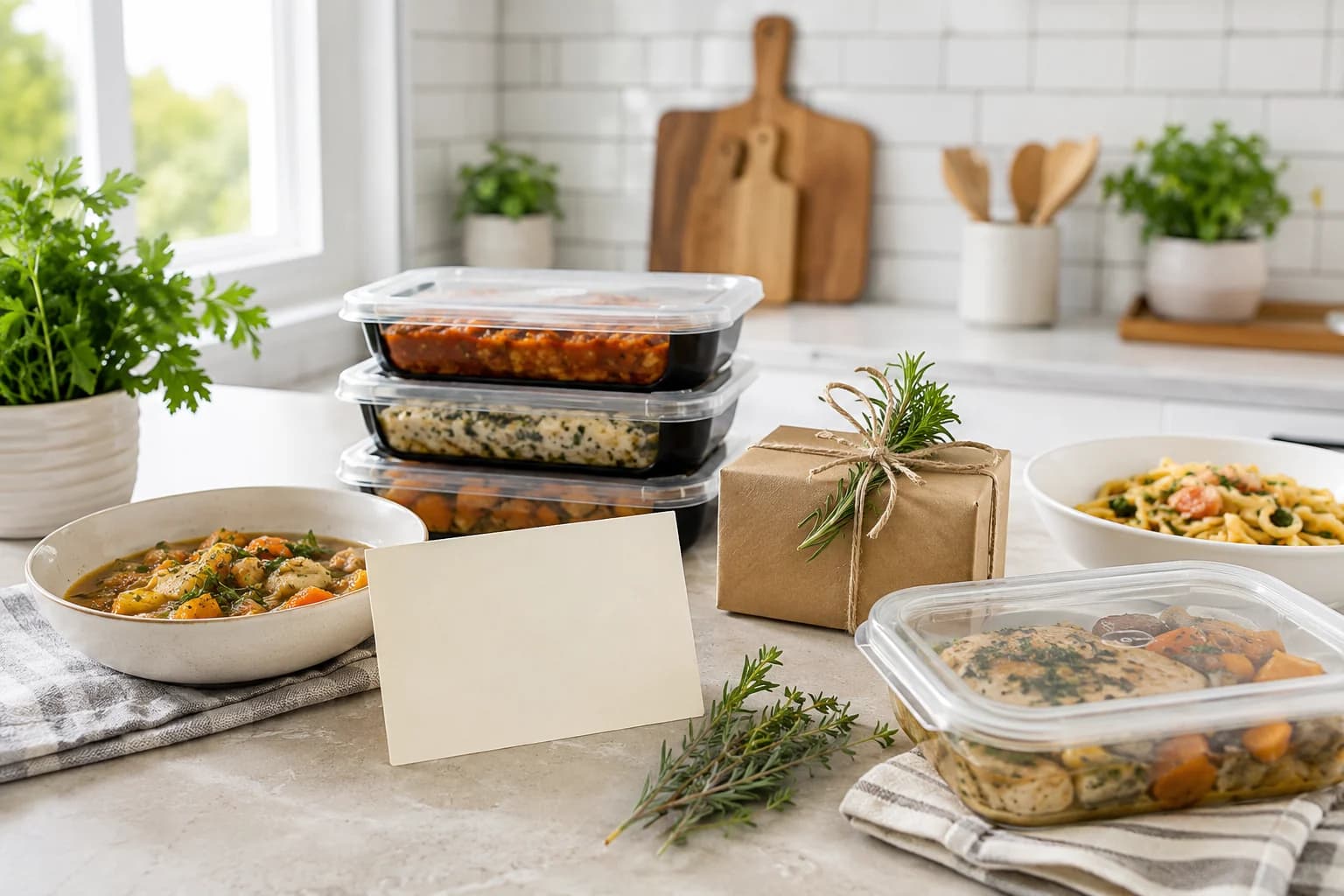 Unbranded prepared meal gift scene with meal containers, a wrapped package, and a blank gift card