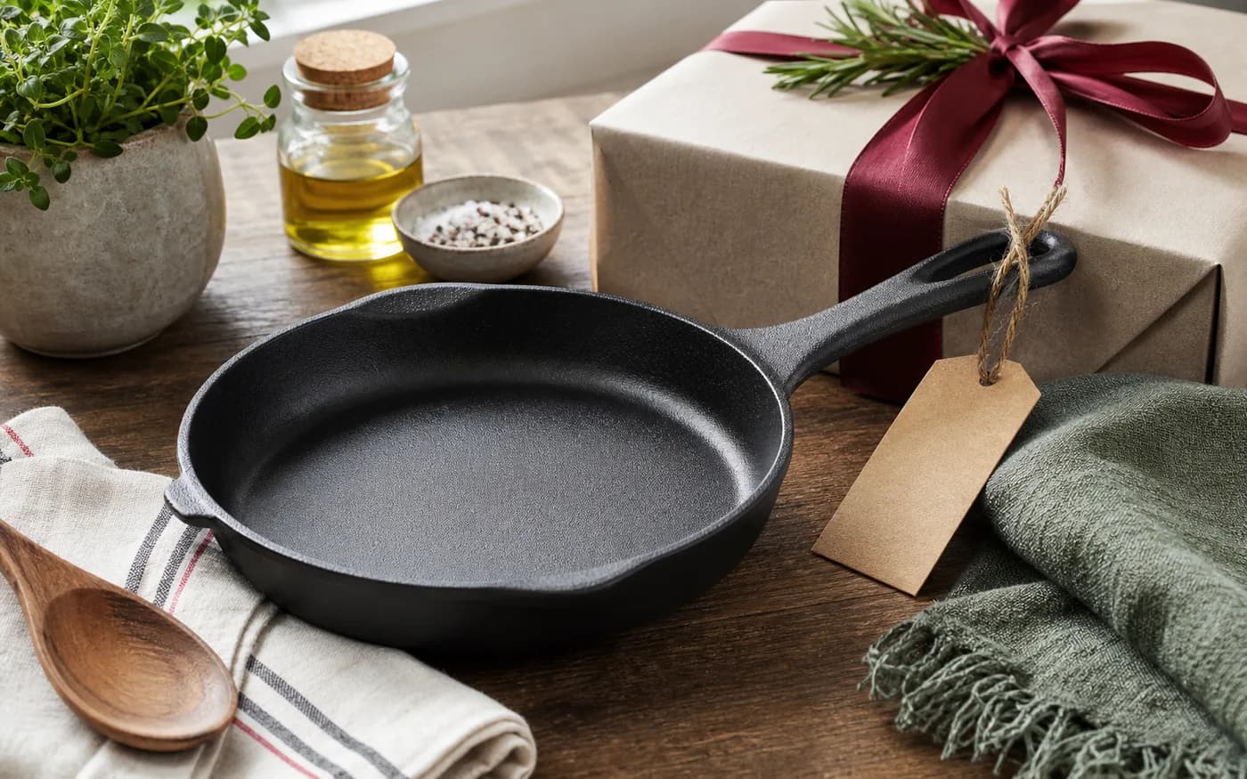 Unbranded cast iron skillet and wrapped cookware gift on a kitchen worktable