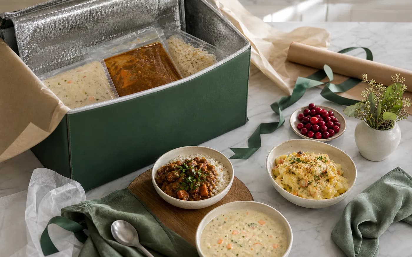 Unbranded prepared meal gift arranged on a kitchen counter with frozen meals and serving bowls