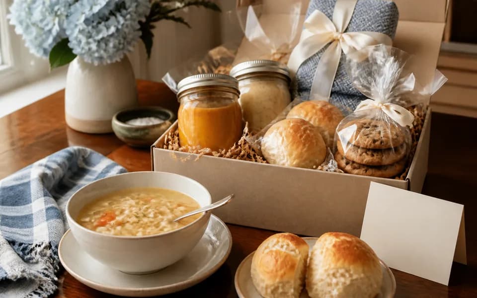 Unbranded soup gift scene with comfort food and care package items
