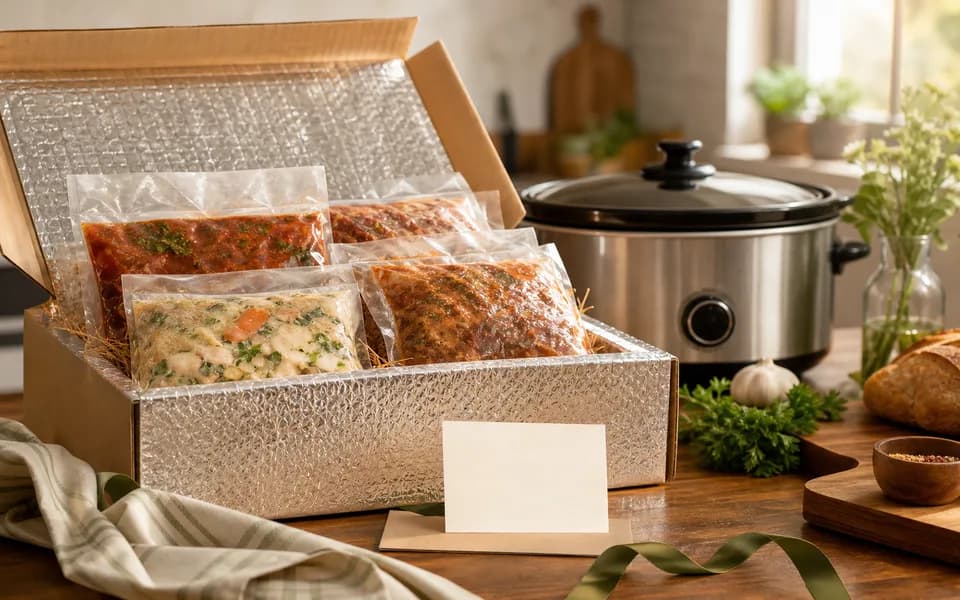 Unbranded freezer meal gift arranged with prepared meal containers